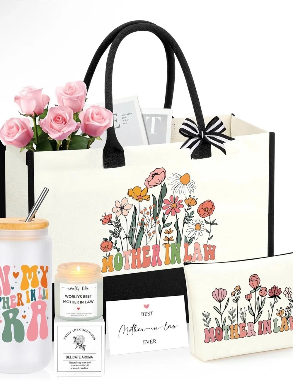 Mother In Law Floral Tote & Matching Pouch - Cream & Black with Pastel Flowers